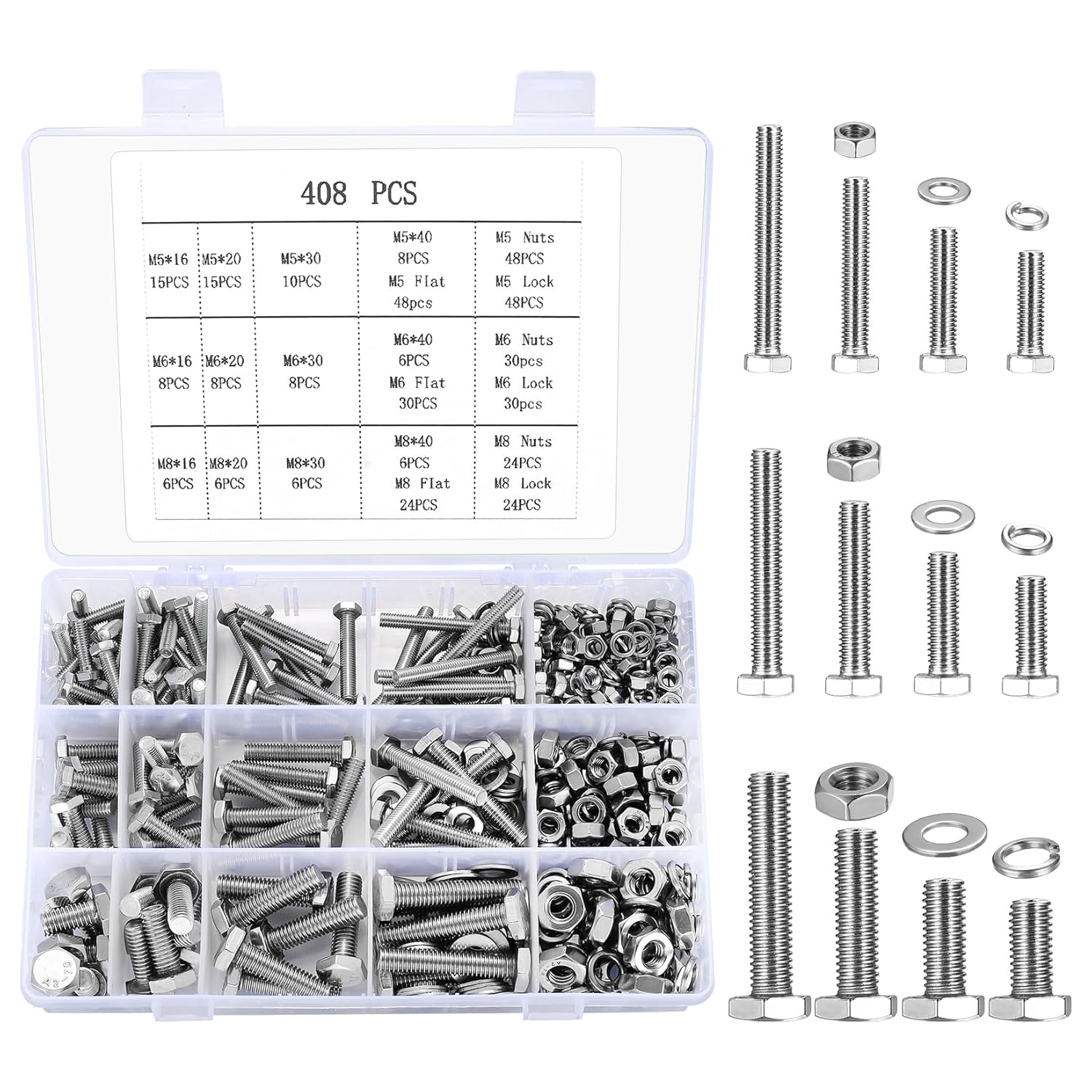 408 Pcs Hex Bolts and Nuts Set, M5 M6 M8 Machine Bolts and Hex Nuts and Lock Washers and Flat Washers Assortment Kit, Stainless Steel Full Thread Bolts with Spring Washers