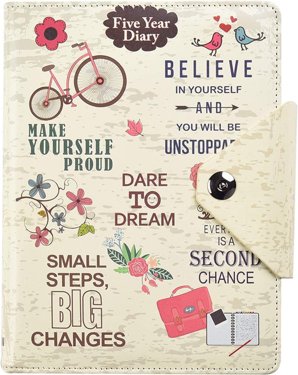 Five 5-Year Diary Organizer - Undated Daily Planner Journal Book - Stud Button Closure - A5 Writing Paper - Faux Leather Inspirational Slogan Art Cover, by Arpan (Cream)
