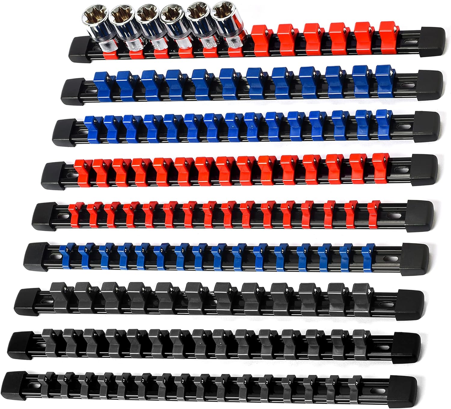 Socket Organizer Drive ABS Tools-Socket Holder, Premium Quality 9 Pieces Holders Kit 1/4-Inch x 48 Clips, 3/8-Inch x 45 Clips, 1/2-Inch x 36 Clips