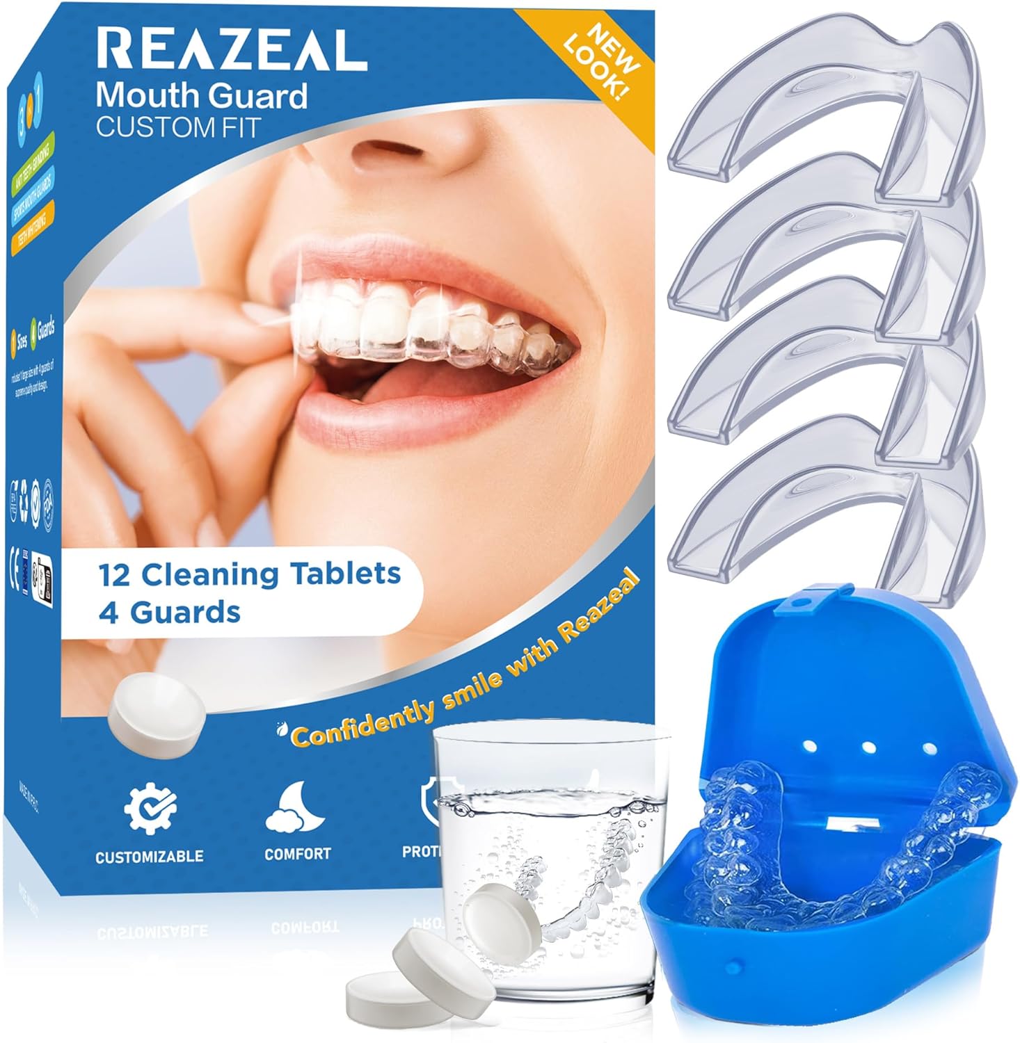 Mouth Guard for Grinding Teeth at Night: Moldable Dental Guard for Sleeping - Nighttime Protection for Teeth with 12 Cleaning Tablets