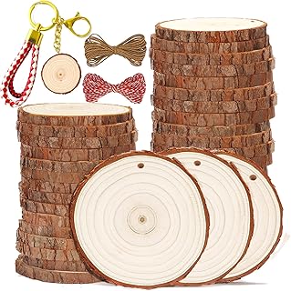 SENMUT Wood Slices 30 Pcs 3.5-4.0 inch Natural Rounds Unfinished Wooden Circles Christmas Wood Ornaments for Crafts Wood Kit Predrilled with Hole Wood Coasters Craft Supplies for DIY and Painting