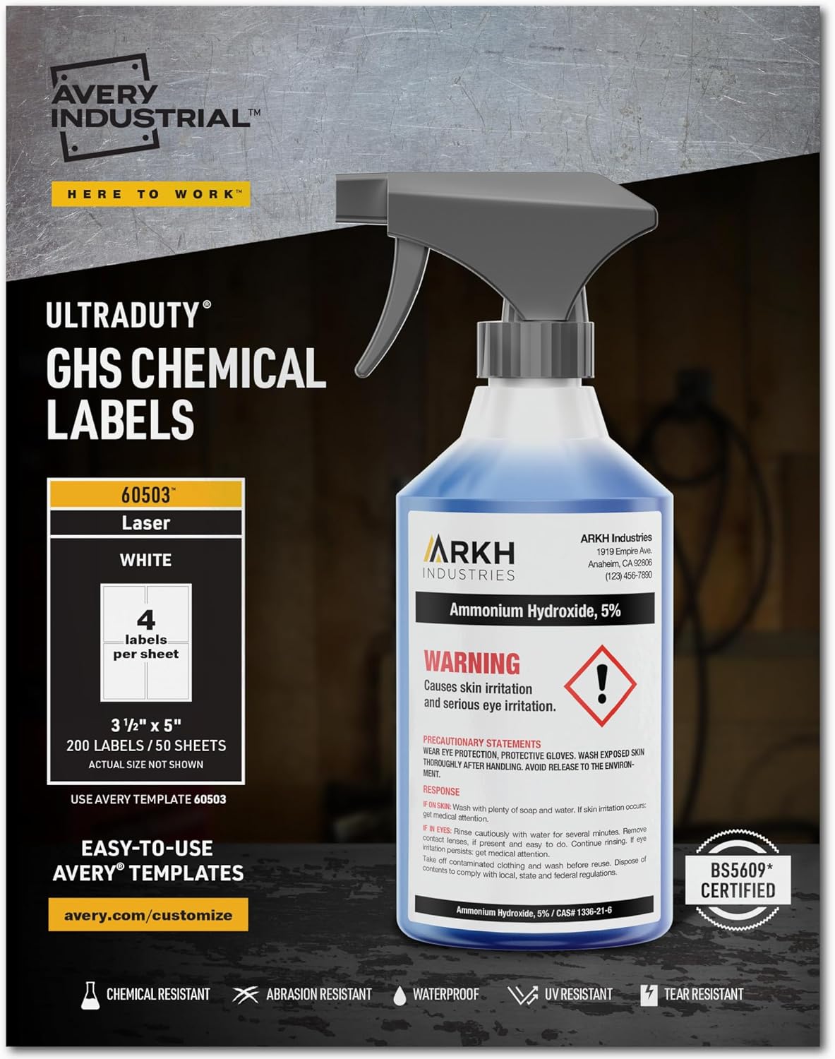 Avery UltraDuty GHS Chemical Labels for Laser Printers, Waterproof, UV Resistant, 3.5 x 5, 200 Pack (60503)