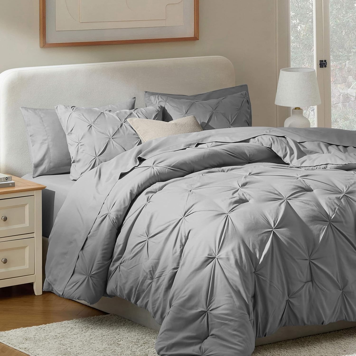 Nestl Queen Comforter Set 7 Piece - Pinch Pleated Comforters Queen Size Grey, Bed in a Bag Queen All Season, Queen Size Comforter Sets Bedding with Flat Sheet and Fitted Sheet, Pillowcases and Shams