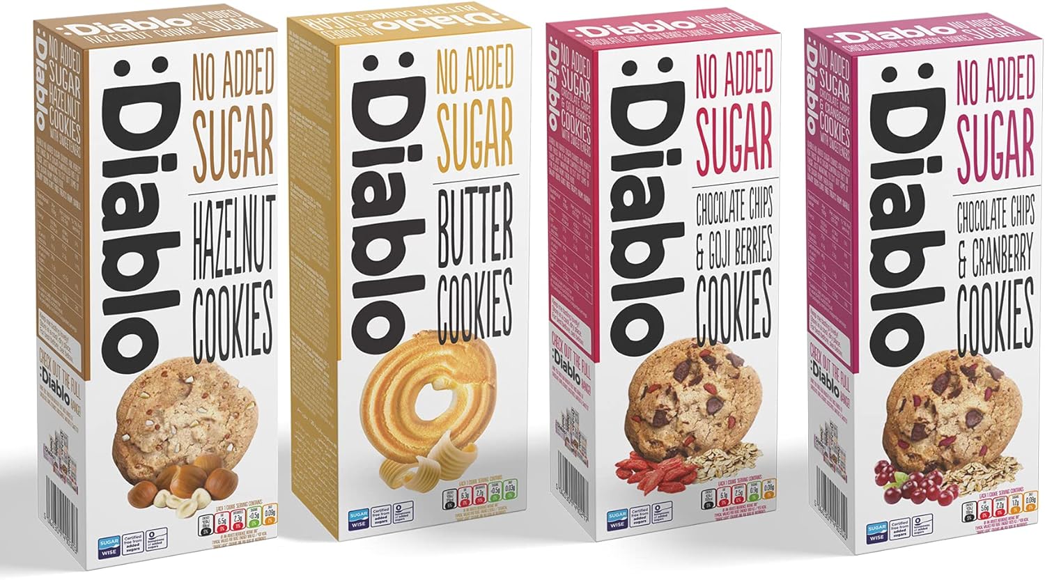 Diablo No Added Sugar Mixed Flavours Luxury Cookies Biscuits (Gojiberry, Cranberry, Hazelnut, Butter)