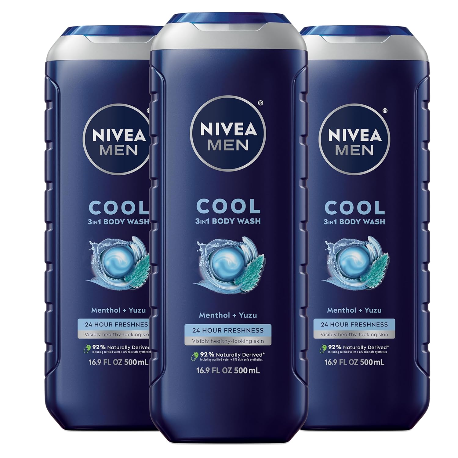 Nivea Men Cool Body Wash with Icy Menthol, Scented Body Wash for Men, Free of Parabens, Phthalates and Microplastic Particles, 3 Pack of 16.9 Fl Oz Bottles