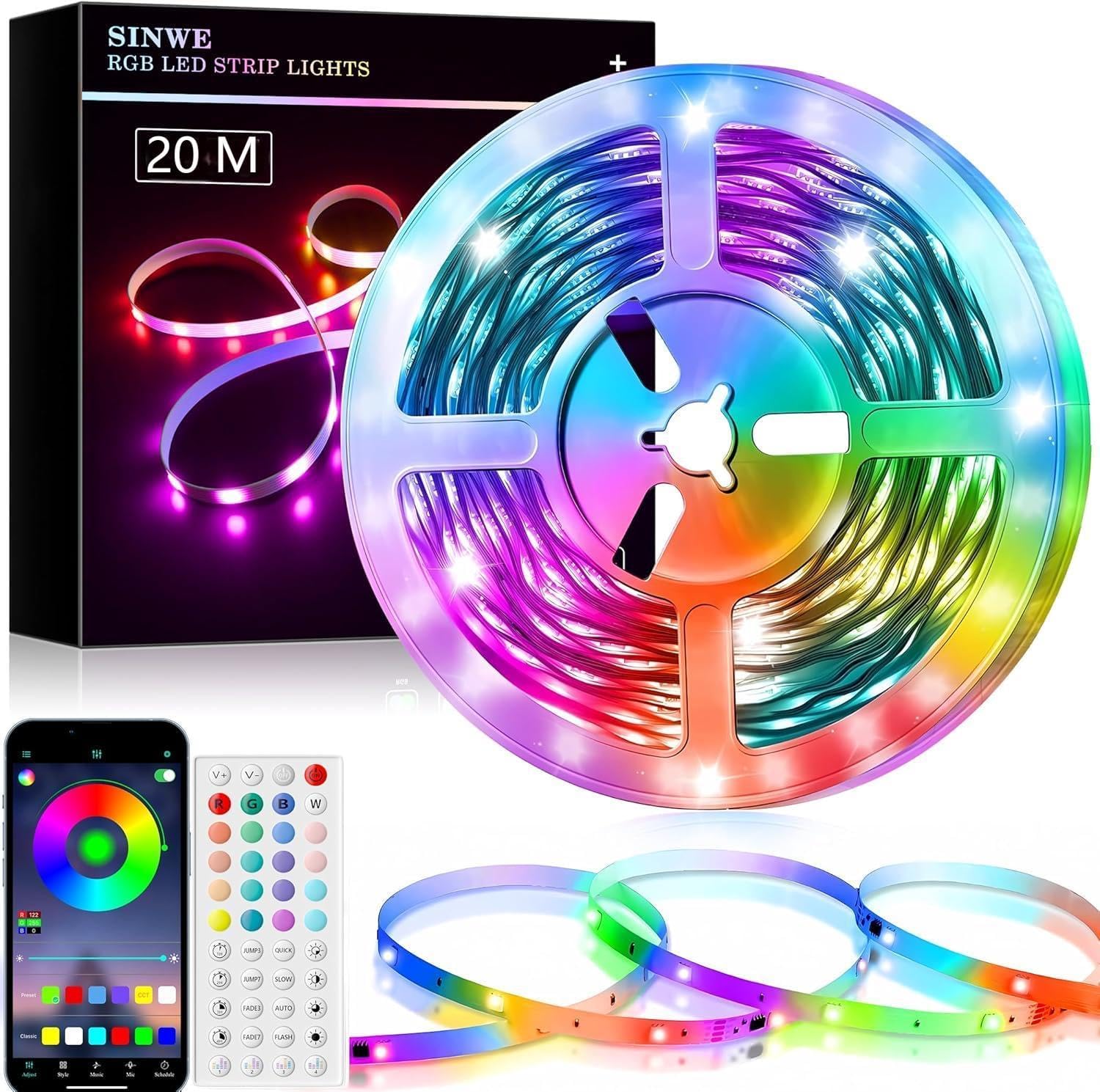 SINWE Led Strip Light 20M, Music Sync Led Lights with 44 Keys Remote and App Control,Color Changing RGB Lights for Bedroom Home Kitchen Party Christmas Decoration 65.6FT