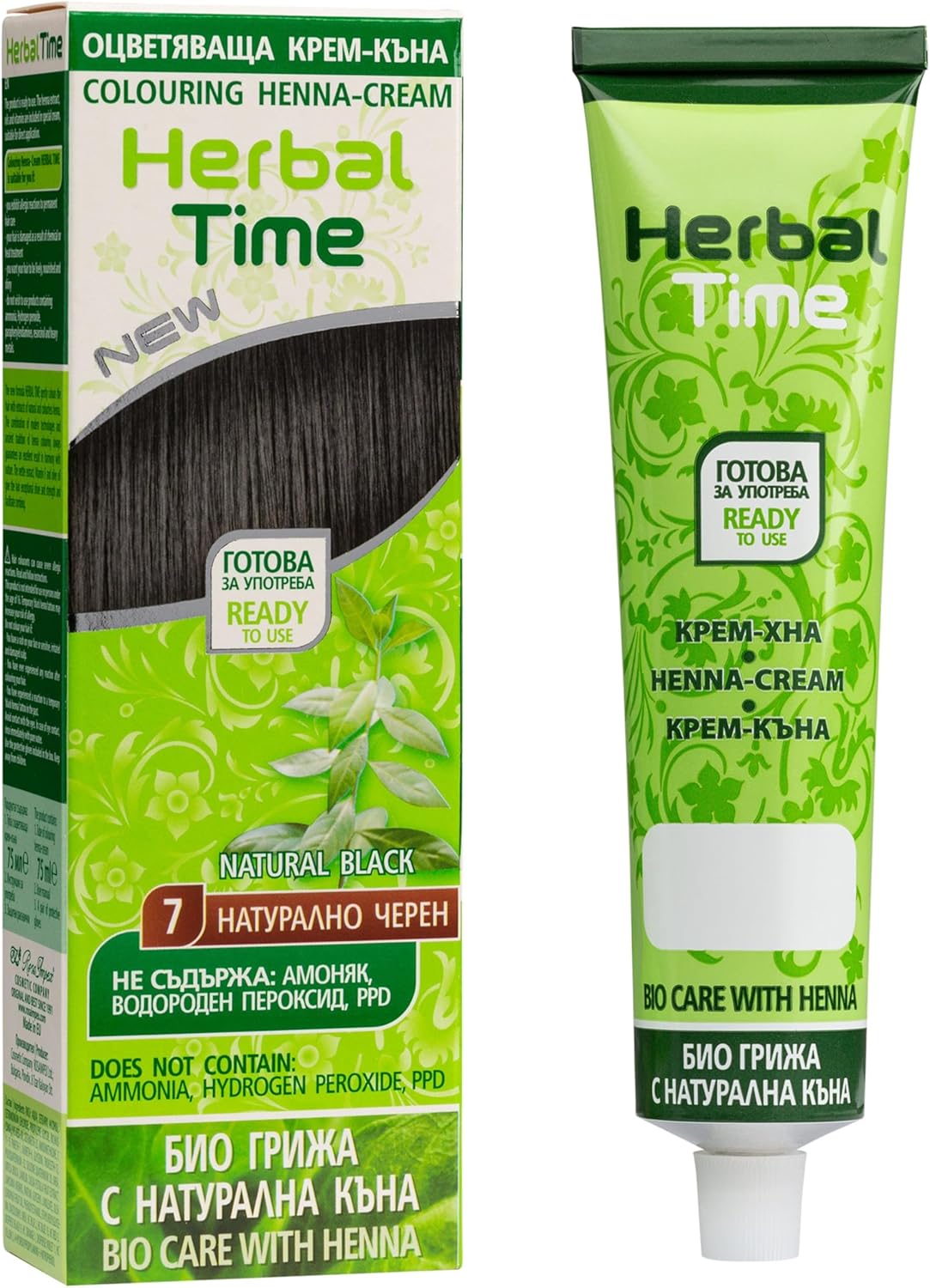 Herbal Time Henna Natural Color Natural Black Nº 7 | Coloring Cream With Nettle Extract | Gray Hair Cover | Temporary Dye | Ammonia, Sulfates, Parabens Free | 75 ml