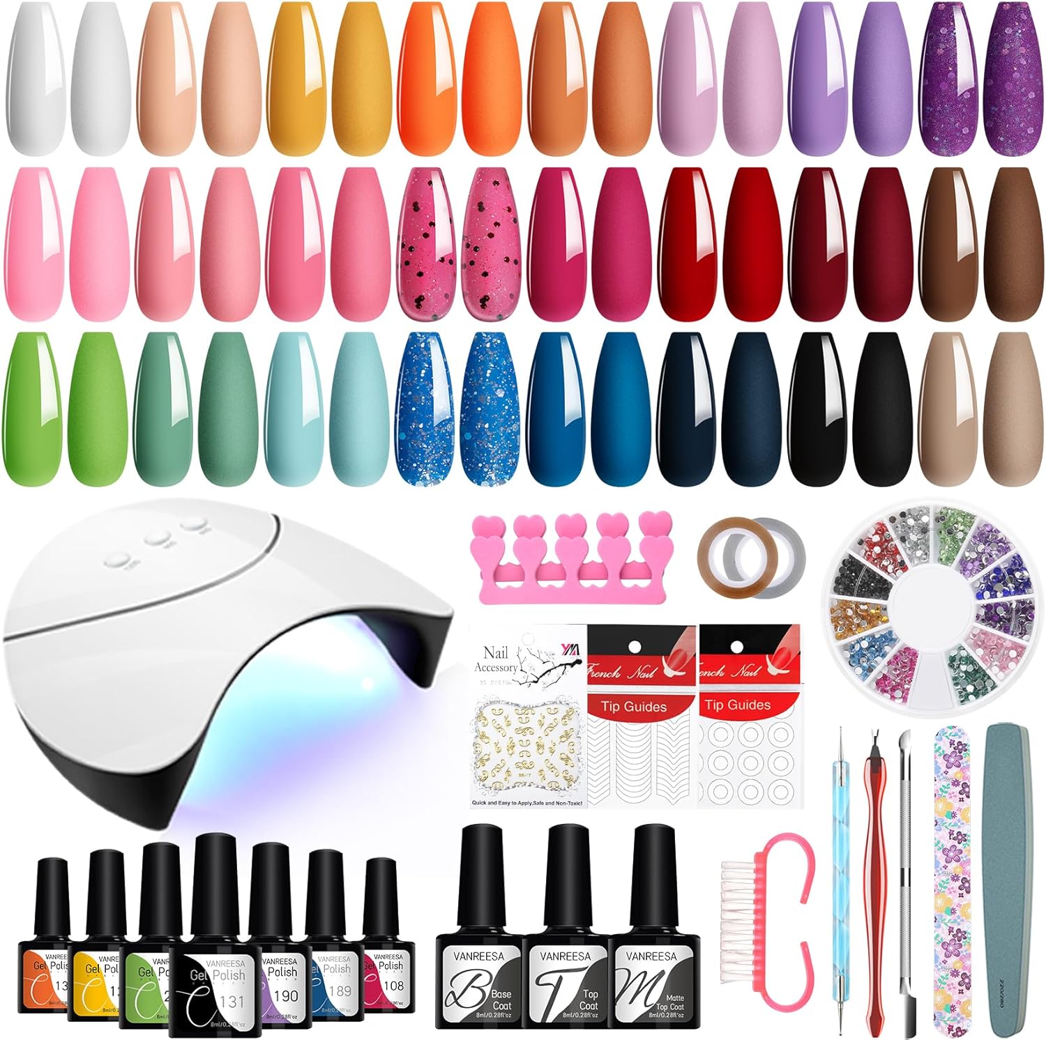 VANREESA Gel Nail Polish Set with Lamp Starter Kit 24 Colours Gel Nail Kit with U V Light Red Pink Blue Gels Polish Set with Base Top Coat Nails Salon Set Gifts for Women