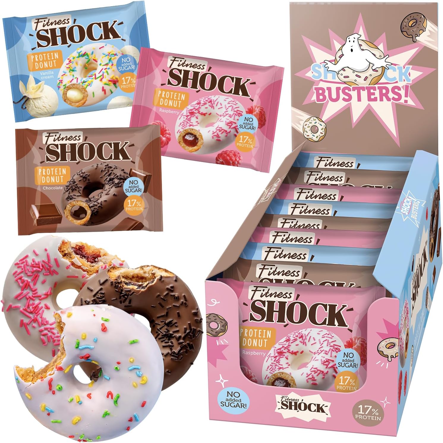 FitnesSHOCK Protein Donuts with Sprinkles mix box - No Added Sugar, High in Fiber & Protein (12g/17%), Palm Oil-Free, 9 Pack 3 flavours: Vanilla, Raspberry, Chocolate (70g each)