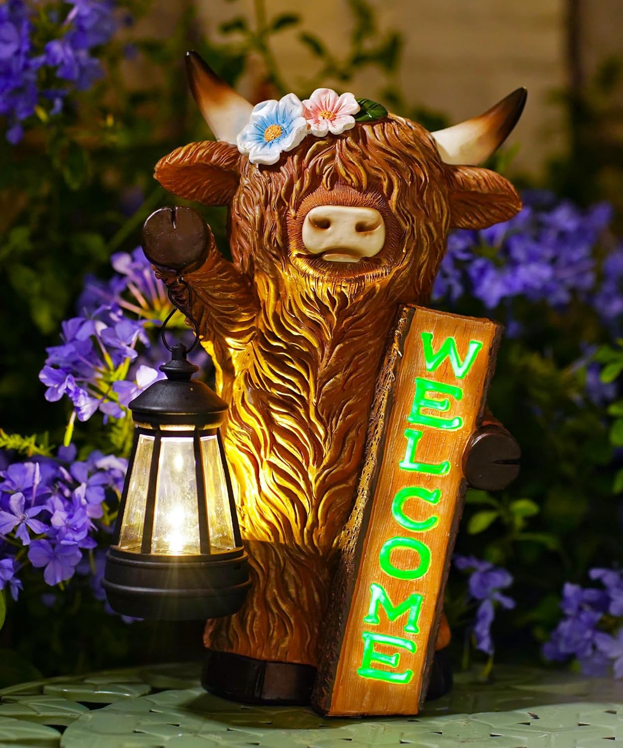Nacome Highland Cow Garden Statue for Decor: Outdoor Sculpture with Solar Lantern and Welcome Sign for Outside Ornament Yard Art Lawn Porch Patio Balcony - Birthday Gifts for Women Mom(Brown)