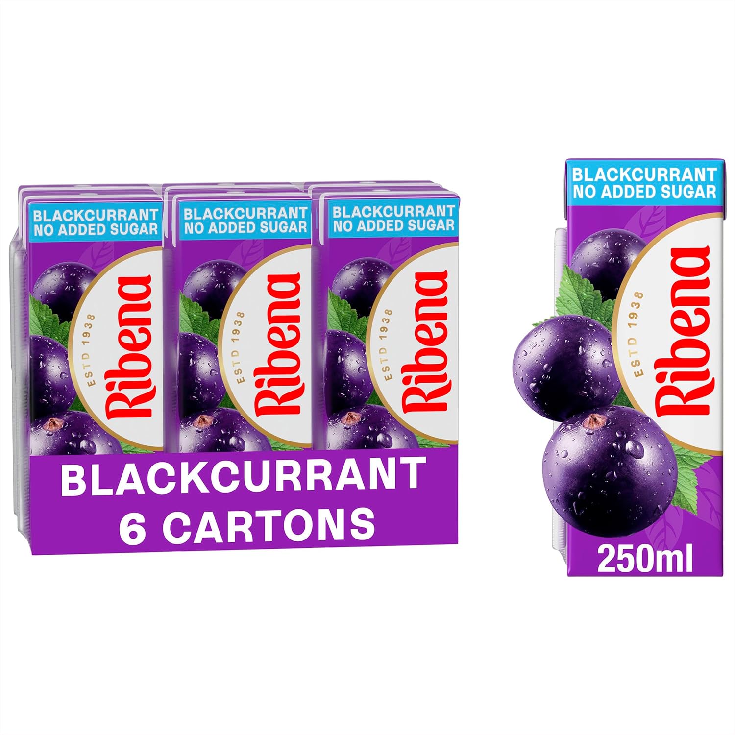 Ribena Blackcurrant Juice Drink 250ml - No Added Sugar - Multipack of 6 | Real Fruit | Rich In Vitamin C | No Artificial Colours or flavours | Fruity Refreshment | Ready To Drink