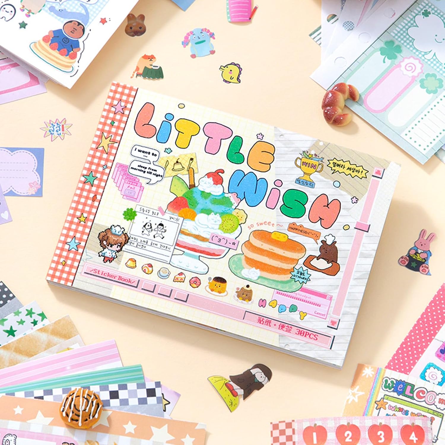 ZHIJIANHZ Japanese Manga Style Sticker Book with 30 Sheets of Glitter Sand, Matte Film and Writable Note Stickers for DIY Scrapbooking Journaling(Little Wish)