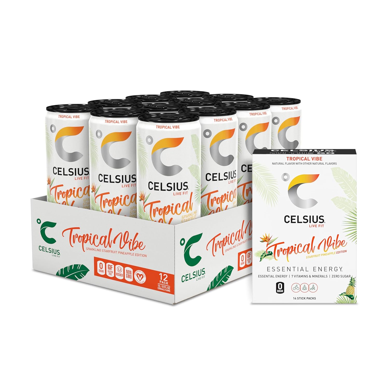 CELSIUS® Zero Sugar Energy Drink & Powder Stick Bundle, Tropical Vibe