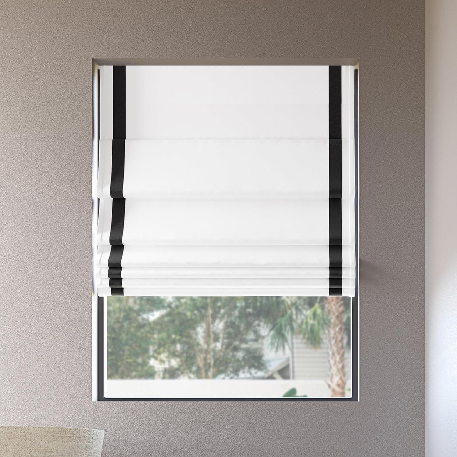 Sun Zero Denna Black Ribbon Border 100% Total Blackout Cordless Roman Shade, Black, 31" W x 64" L