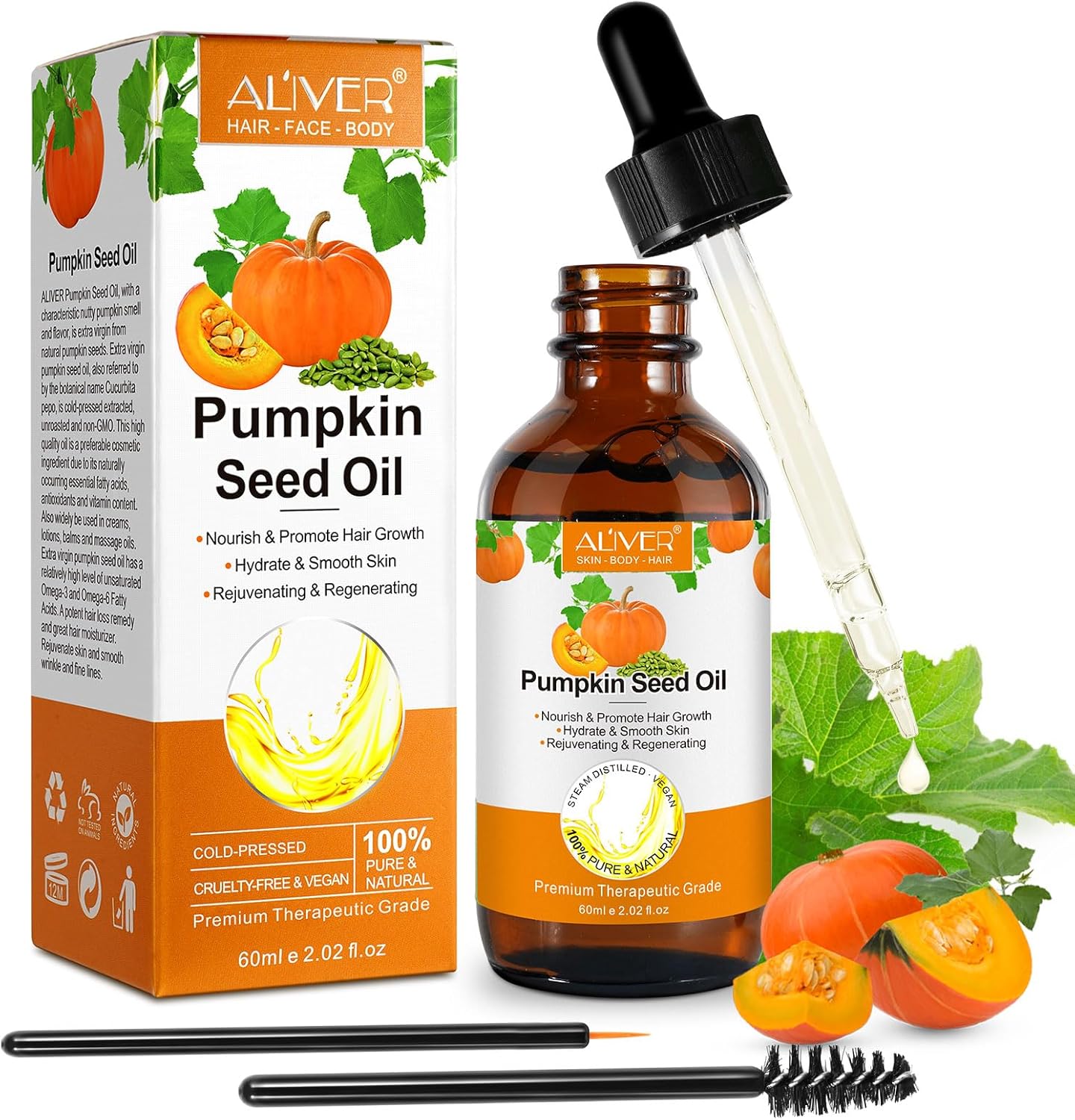 Pumpkin Seed Oil for Hair Growth, Organic Pumpkin Seed Oil, 100% Pure Cold Pressed, Help Growth for Eyebrows, Eyelashes & Dry Damaged Hair, Moisturizing Scalp,Face, Nails, Body, Skin, 1 Pack