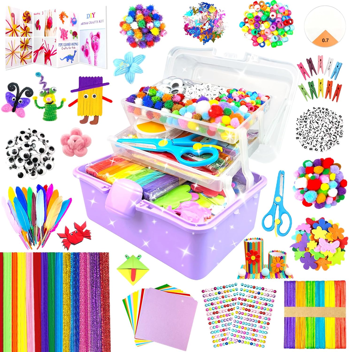 3000 Arts and Crafts Supplies for Kids Craft Kit Craft Box with Pipe Cleaners Arts and Crafts for Kids Age 4-6, 6-8, 8-12 DIY School Supplies Materials Set Toys Gifts for Girls Boys Toddlers, Purple