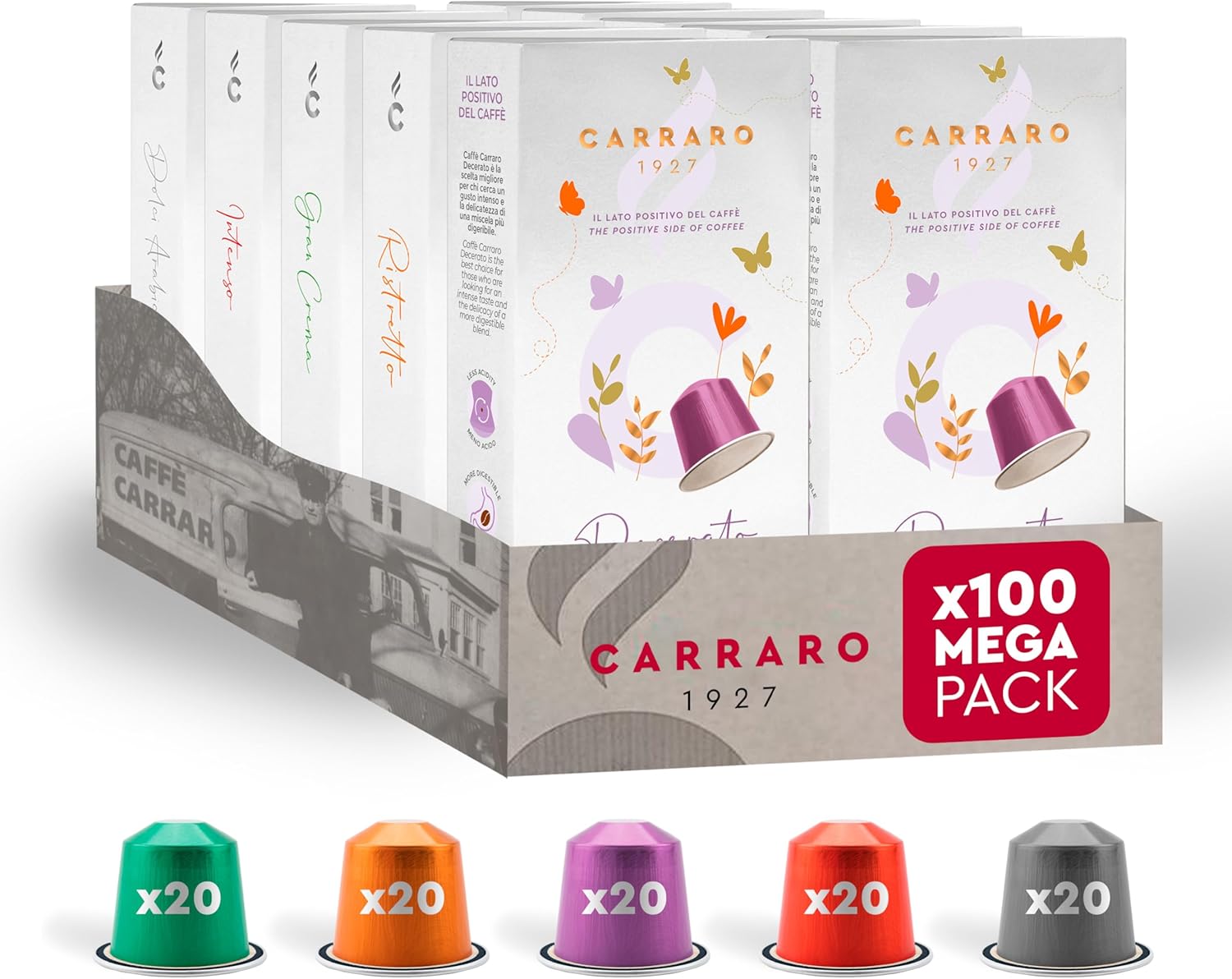 CARRARO Variety Pack - 100 Aluminium Coffee Pods Compatible with Nespresso Original line Machines - Medium & Dark Roast Coffee Capsules, 10 Packs - 100 Servings, Espresso Made in Italy