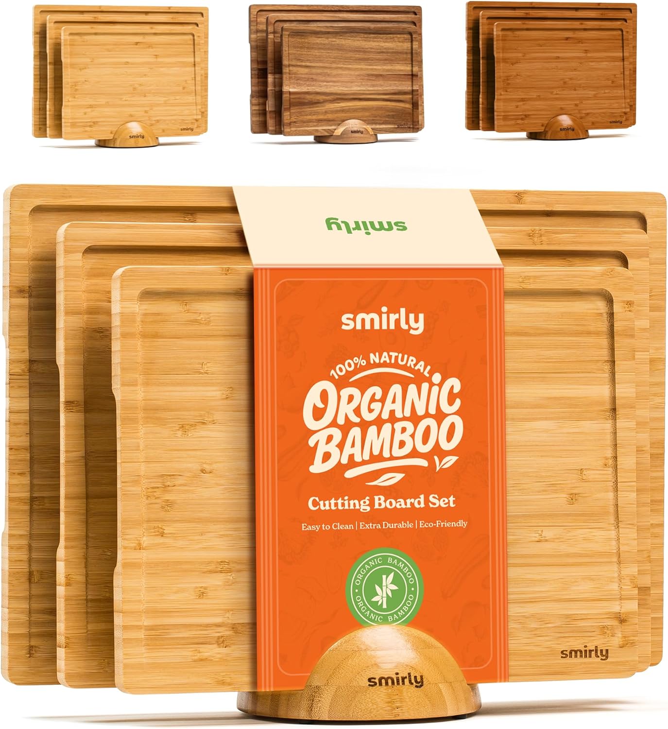 SMIRLY Wooden Cutting Boards For Kitchen Meal Prep & Serving - Bamboo Cutting Board Set with Holder, Charcuterie & Chopping Board, Wood Cutting Board Set, Kitchen Gadgets