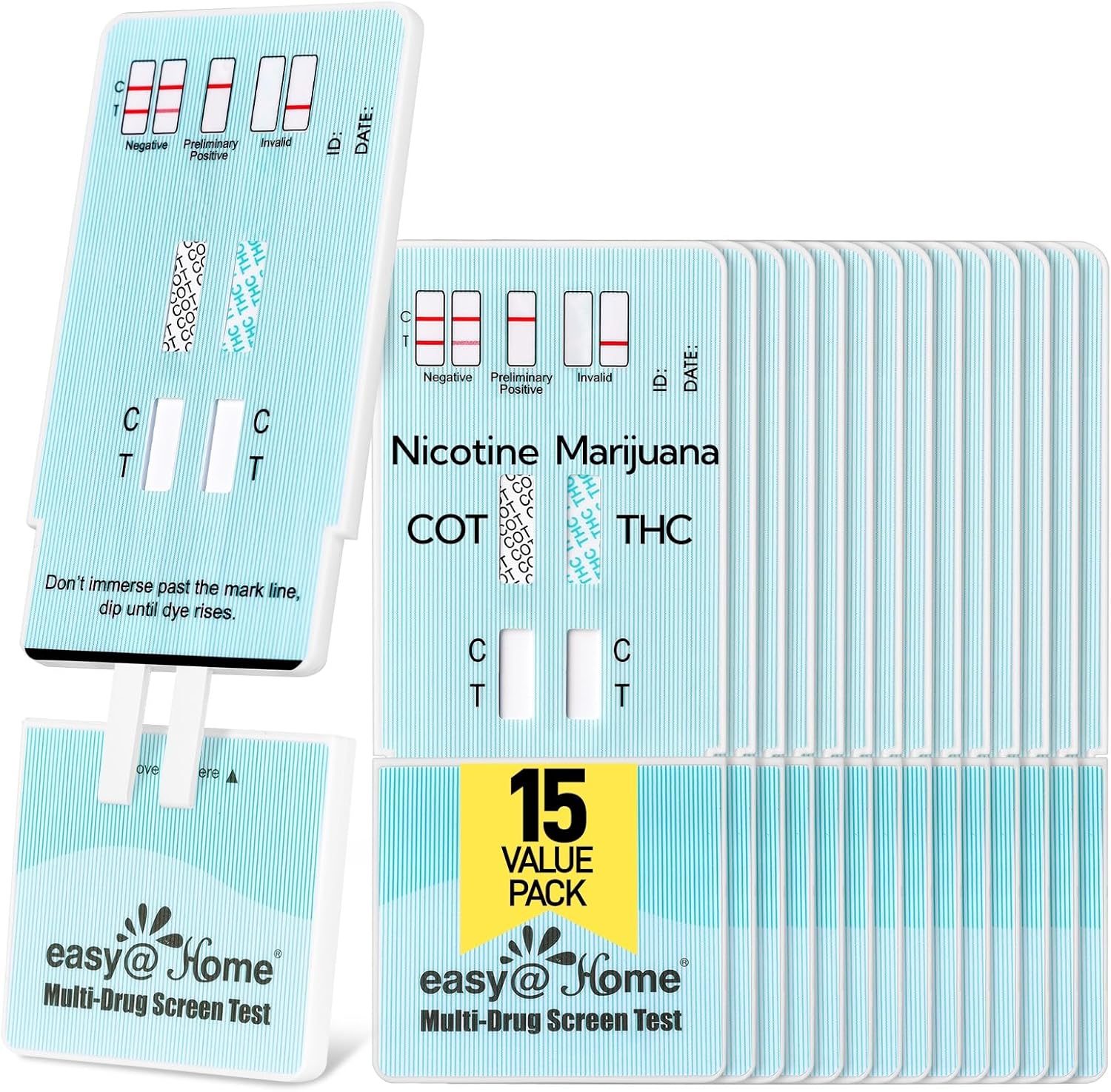 Easy@Home Multi-Drug Screen Test, 15 Pack Marijuana Nicotine Urine Drug Test Kits, Testing for THC and Nicotine Metabolites Cotinine(COT) in Urine, Accurate Home Drug Testing Kits, EDOAP-124