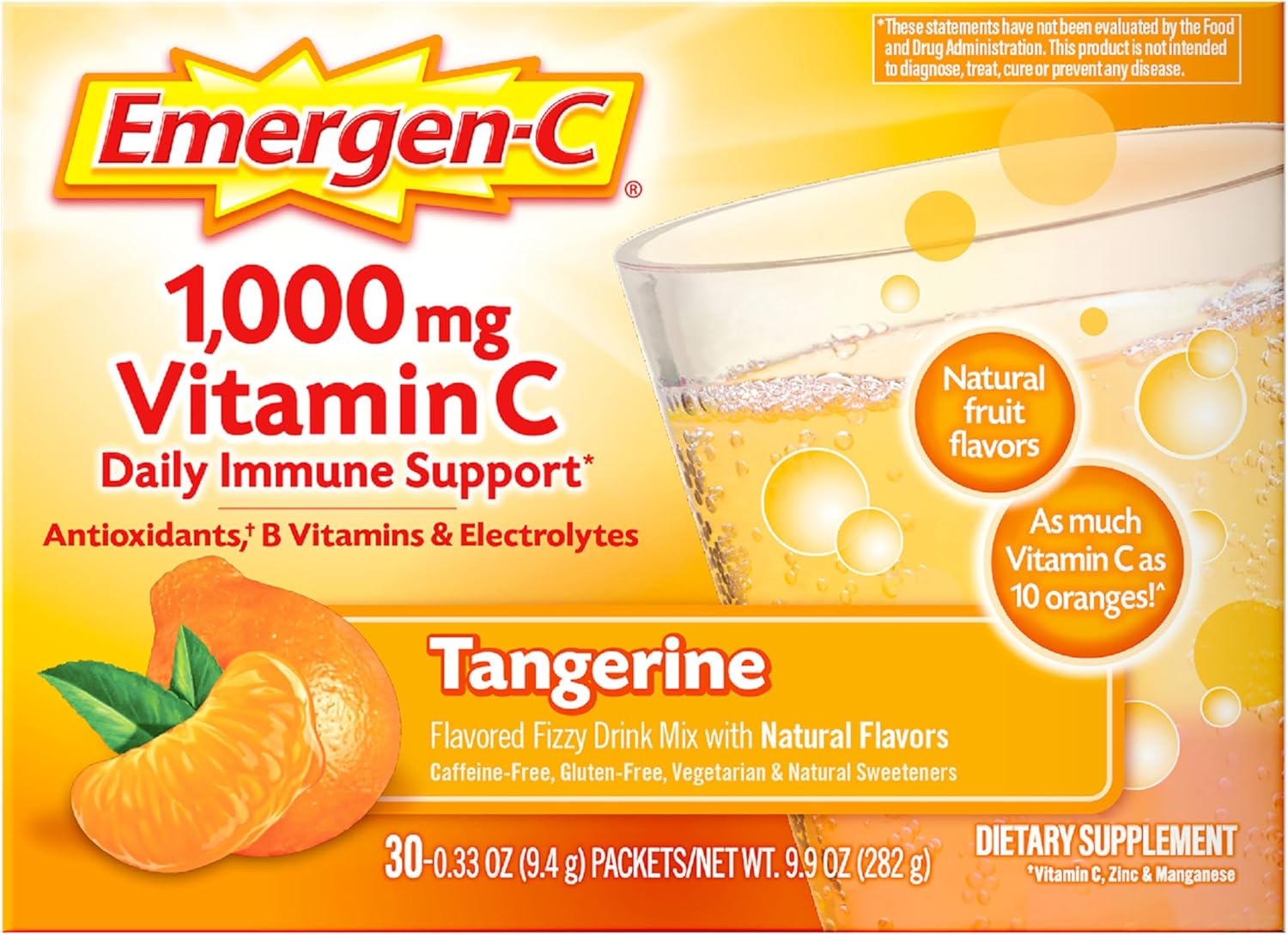 Emergen-C 1000mg Vitamin C Powder, with Antioxidants, B Vitamins and Electrolytes, Vitamin C Supplements for Immune Support, Caffeine Free Fizzy Drink Mix, Tangerine Flavor - 30 Count
