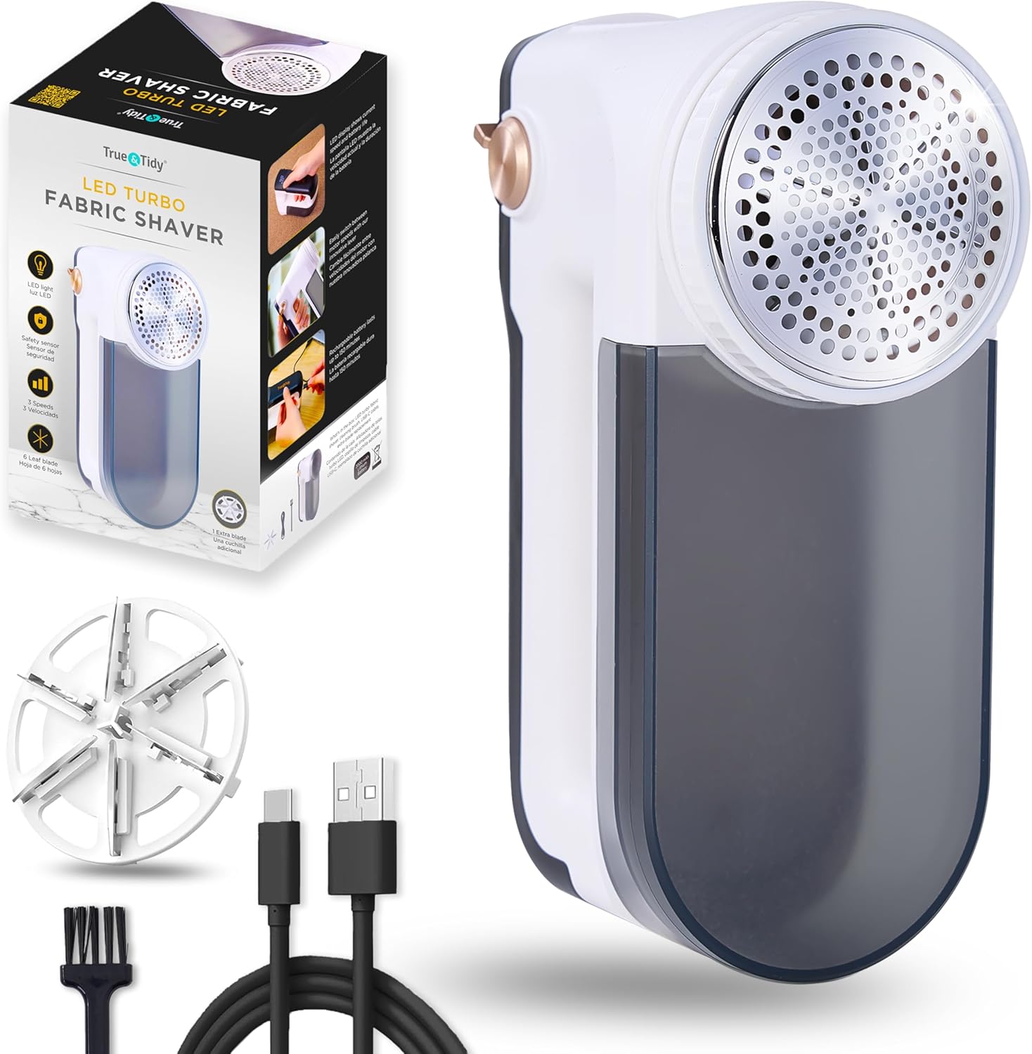 True & Tidy XL Rechargeable Fabric Shaver with Light, 6-Leaf Steel Blades, 3-Speed Motor, LED Digital Display, Lint Remover for Clothes, Furniture & Upholstery (White, Turbo)