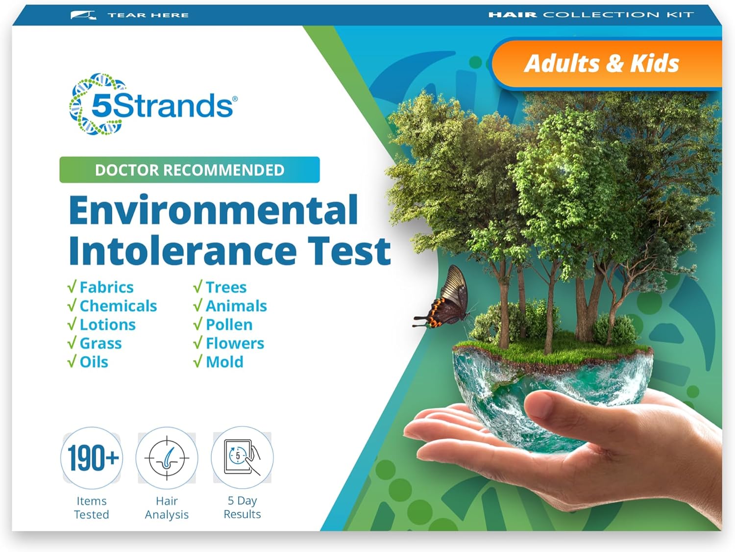 5Strands Environmental Intolerance Test, 205 Outdoor & Indoor Items Tested, at Home Sensitivity Test for Adults & Kids, Accurate Hair Analysis, Results in 5 Days