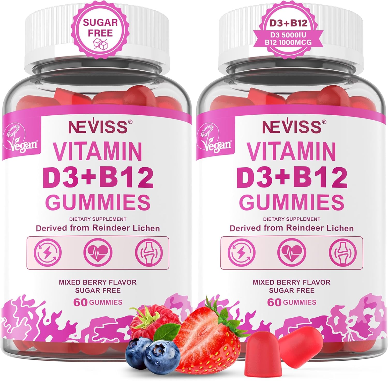 2Pack Vegan Vitamin D3 + Vitamin B12 Gummies, High Potency Vitamin D3 5000IU & 1000 mcg Methylated B12, Vitamin D3 and B12 for Adults, Support Bone Health, Immune & Energy Supplement, 120 Count