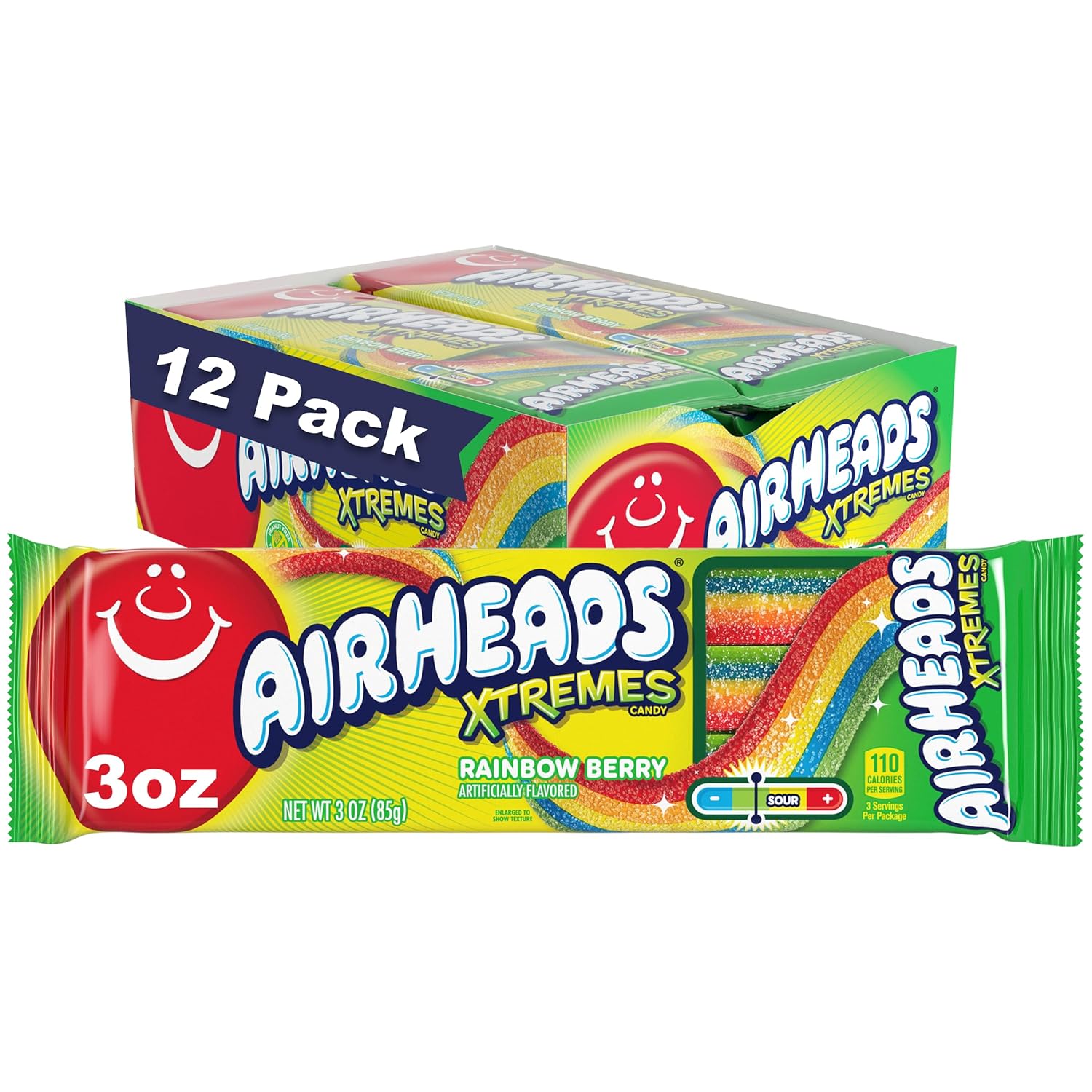 Airheads Xtremes Belts, Rainbow Berry Flavor, Sweetly Sour Candy, Non-Melting, Bulk Movie Theater and Party Bag, 3 Ounce (Pack of 12)