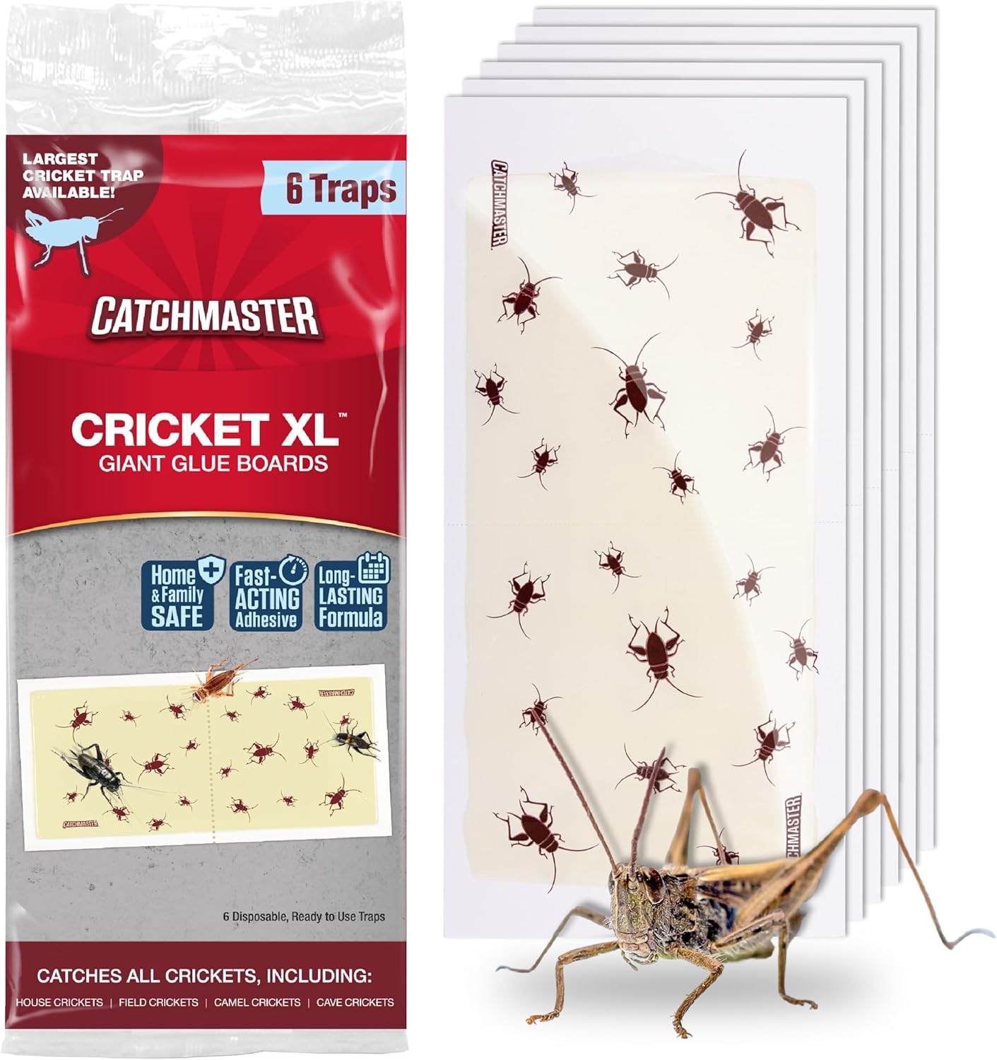 Catchmaster Cricket XL Giant Glue Boards 6-Pk, Adhesive Bug Catcher Cricket Traps Indoor, Sticky Trap for Inside Your Home, Bulk Insect Killer, Insect Traps for House & Garage, Pet Safe Pest Control