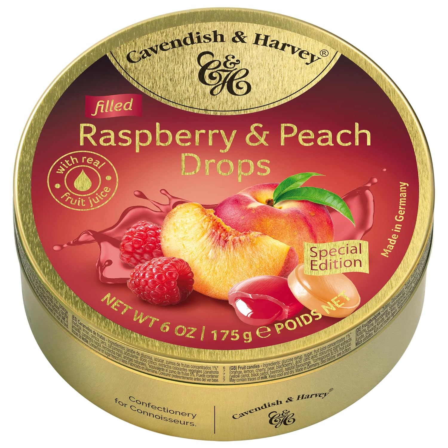 Cavendish & Harvey | Raspberry & Peach Filled Hard Candy Drops | 6 Ounce Tin