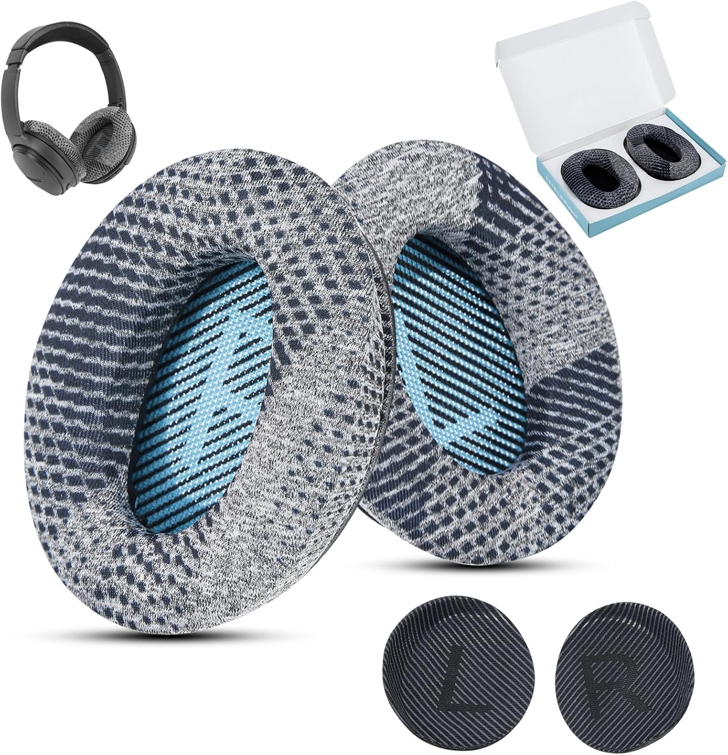 Cooling-Gel QuietComfort 35 / QC35 ii Fabric Replacement Ear Pads for Bose Headphones Cusion, Compatible with Bose QC25 QC2 QC15/ Around-Ear 2 AE2i AE2w/ SoundTrue & SoundLink Series, Blue and Black