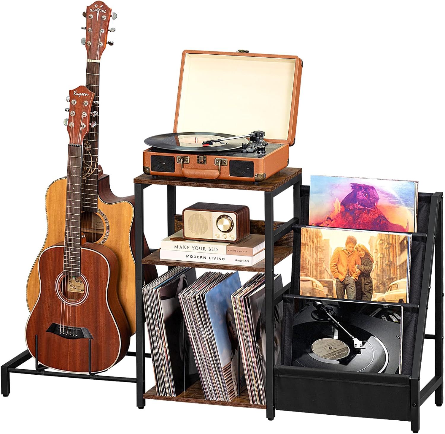 LELELINKY Record Player Stand, Adjustable Guitar Stand for Acoustic Guitar, Electric Guitar, Bass, Turntable Stand with Vinyl Display Shelf Storage Up to 150 Albums,Brown End Table for Music Room