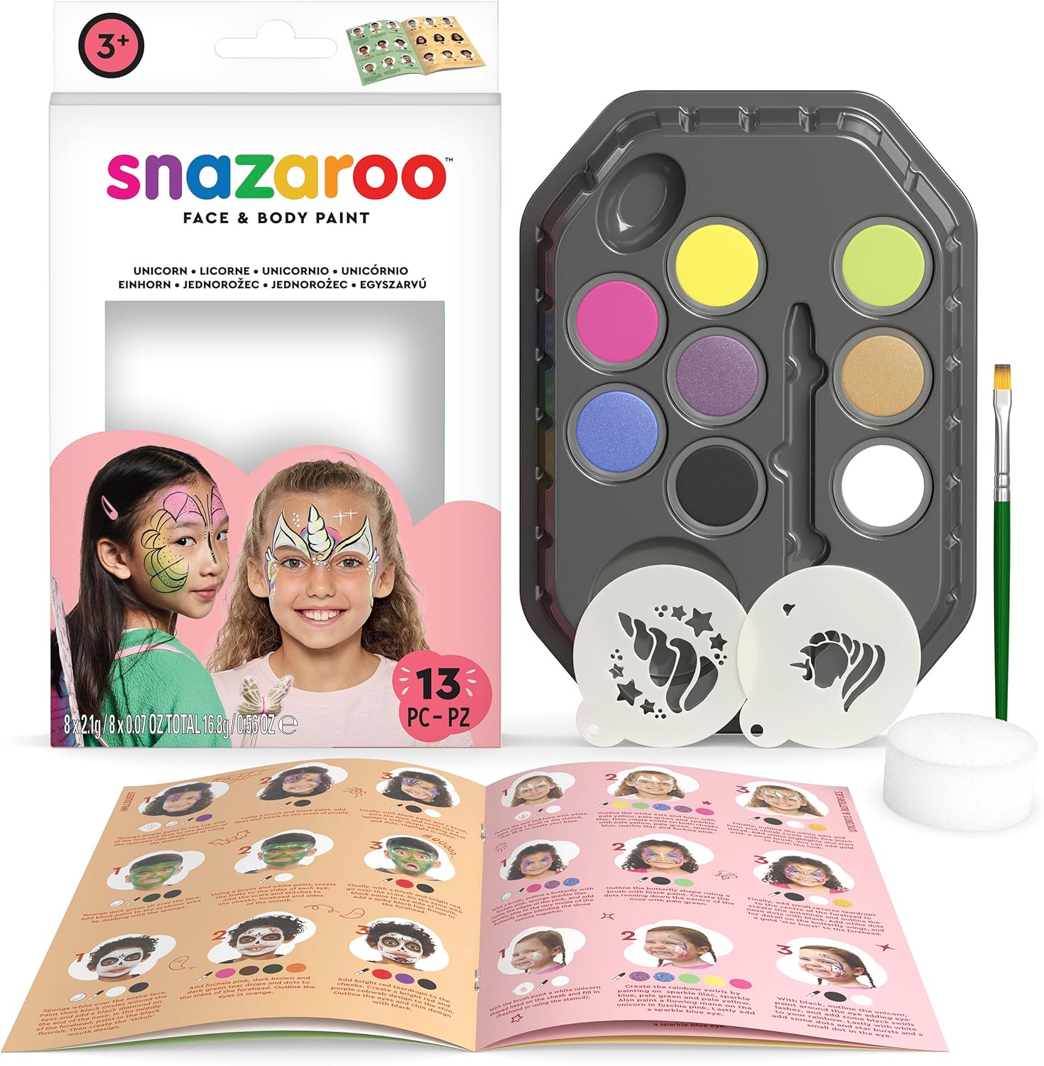 Snazaroo Unicorns & Butterflies Face Painting Palette Kit for Kids & Adults, 8 Colours, 13pcs, Stencils, Brush, Sponge, Guide, Water Based, Easily Washable, Non-Toxic, Makeup, Body Painting & Parties