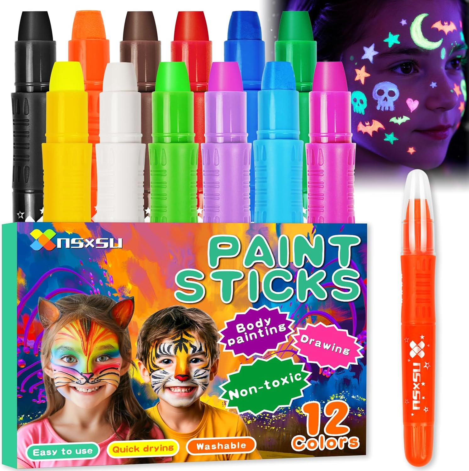 nsxsu Face Paint Sticks for Kids 12 Colors, Washable Face Painting Crayons for Children, Mess-Free Body Paint Pens Kit for Birthday Party Creative Play, Toddler Stocking Stuffers Halloween Makeup