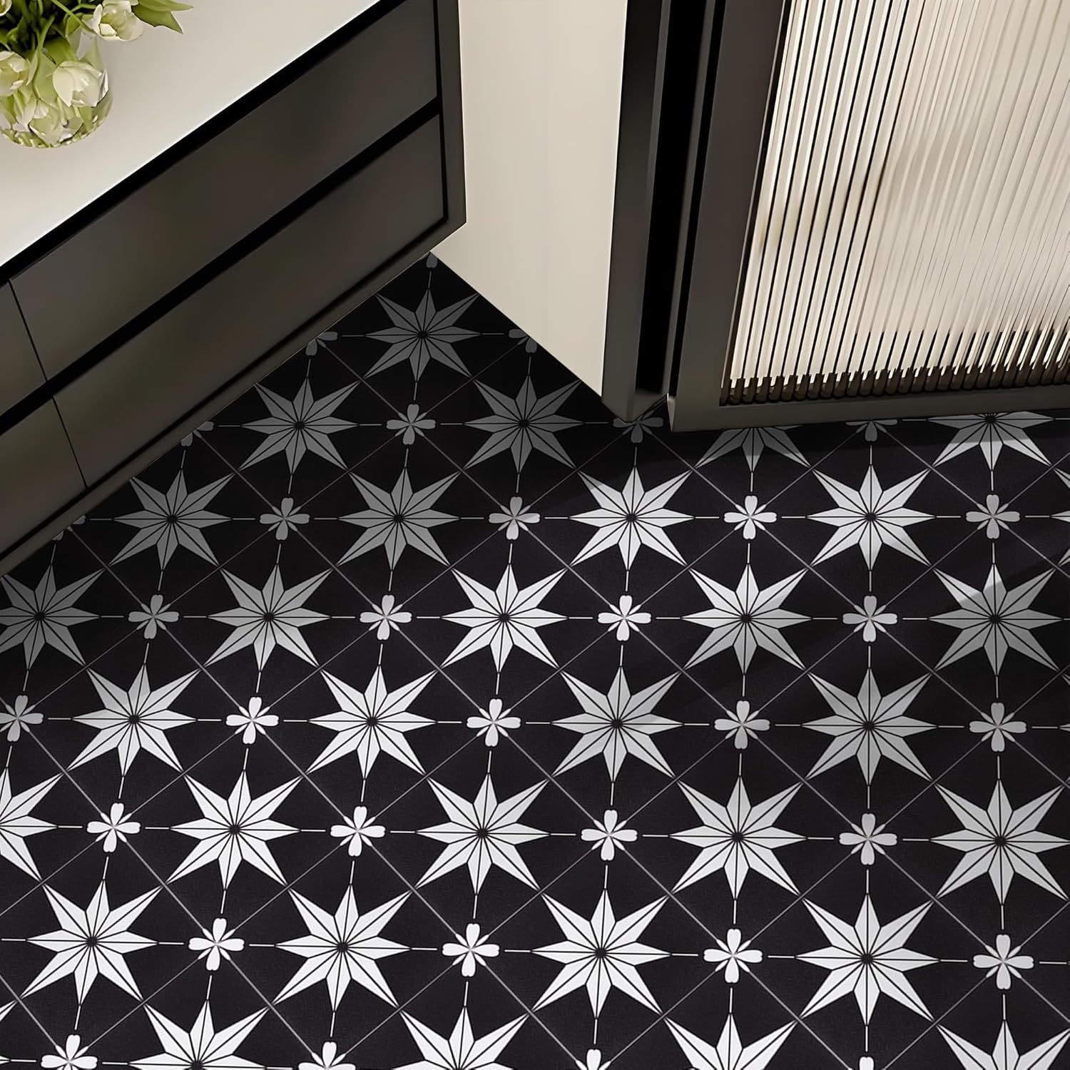 Peel and Stick Floor Tile Self Adhesive Waterproof 8" x 8" Vinyl Flooring, Removable Floor Stickers DIY for Bathrooms,Kitchen,Living Room,Black 20Pcs