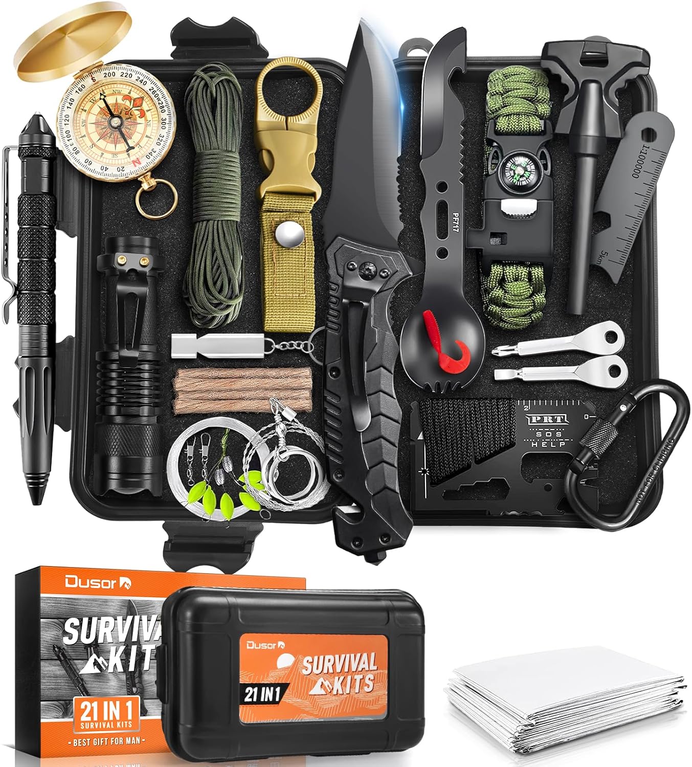Dusor 21 in 1 Survival Kit Stocking Stuffers for Men, Mens Gift for Christmas 2025, Hunting Fishing Accessories Gifts, Camping Essentials Gifts for Men Who Have Everything, Survival Gear and Supplies