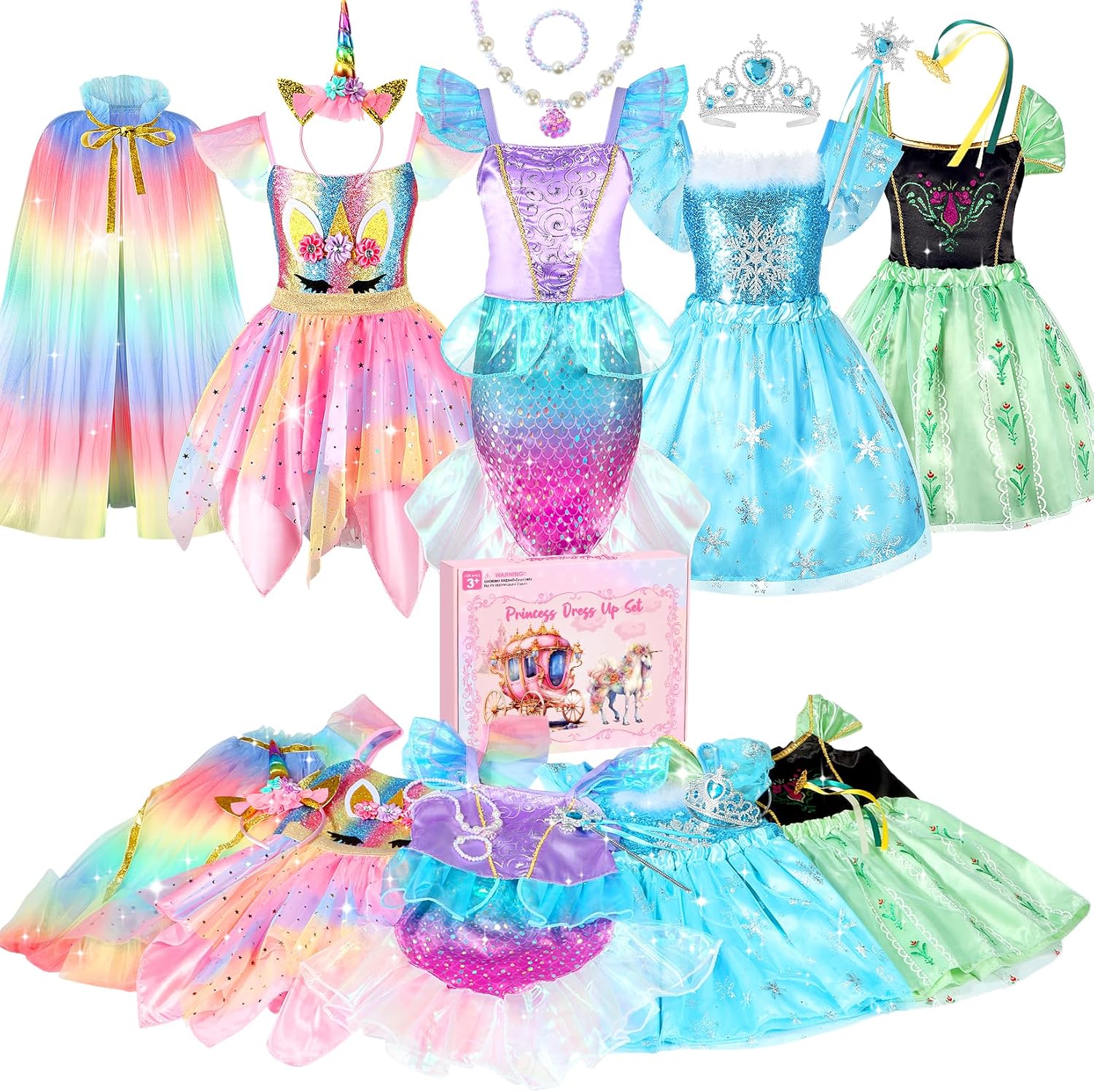 Princess Dress Up Clothes for Little Girls: Princess Costume for Girls Toddler, Unicorn Costume & Mermaid Costume, Girl Toys Age 3 4 5 6 Year Old Girl Birthday Gifts with Cape, Jewelry, etc