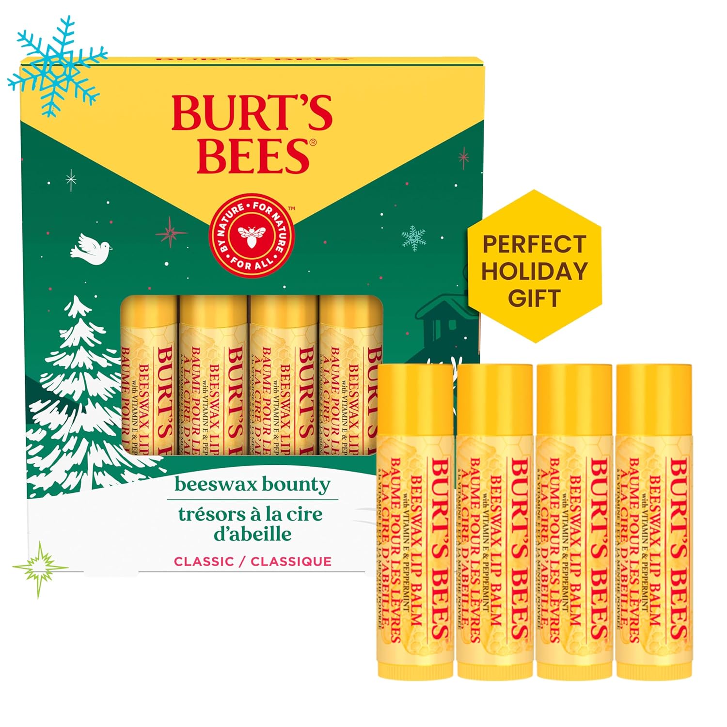 Burt’s Bees Christmas Gifts, 4 Lip Balm Stocking Stuffers Products, Beeswax Bounty Classic Set - Original Beeswax Moisturizing Lip Balm (4-Pack)