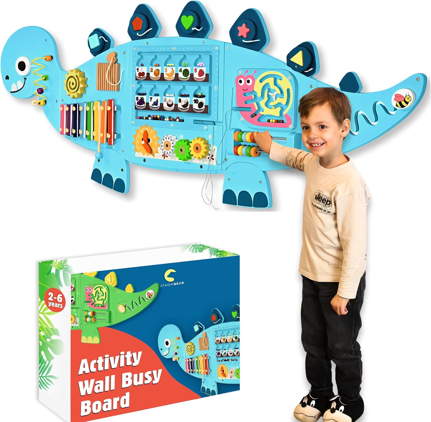 Dinosaur Activity Wall Busy Board – Educational & Fun Toys 2-6 Years - Sensory Wall Panel for Kids - Toddler Playrooms, Daycares, Waiting Rooms - Sensory Panel for Autism - Montessori Activity Board