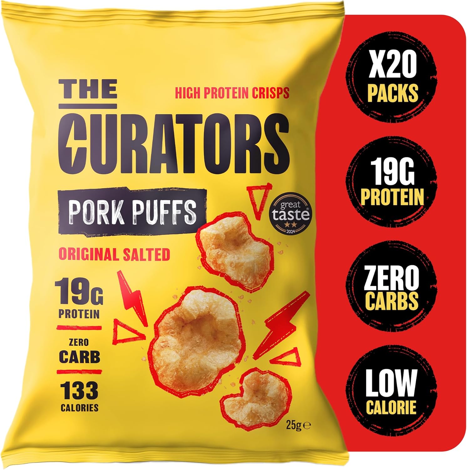 THE CURATORS High Protein Pork Puffs, Original Salted, 25g (20 Packs) 18g Protein Crisp Low Carb Keto Gluten Free Savoury Snack