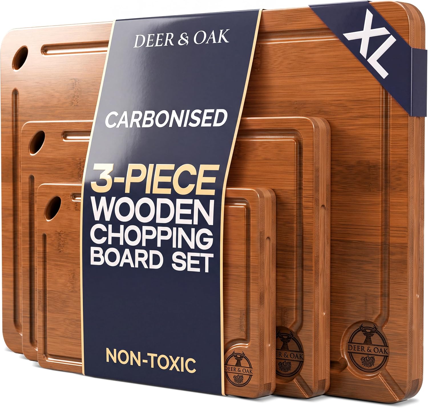Deer & Oak 3-Piece Carbonised Bamboo Chopping Board Set, Pre-Oiled