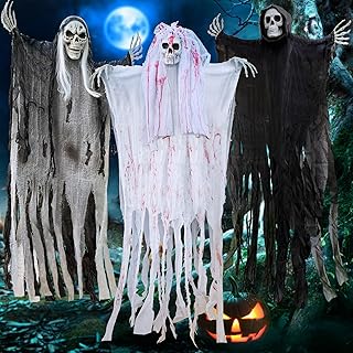 UNGLINGA 50inch Halloween Hanging Ghost Decorations Outdoor Indoor, Scary Grim Reaper Skeleton Decorations, Creepy Skull Ghost for Party Outside Yard Porch Haunted House (Pack of 3)