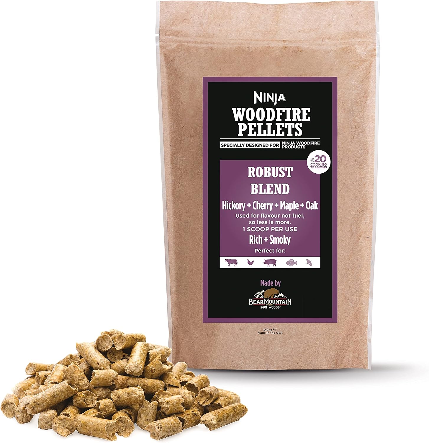 Ninja Woodfire Pellets, Robust Blend, 900g Bag, XSKOGRBLPL2UK