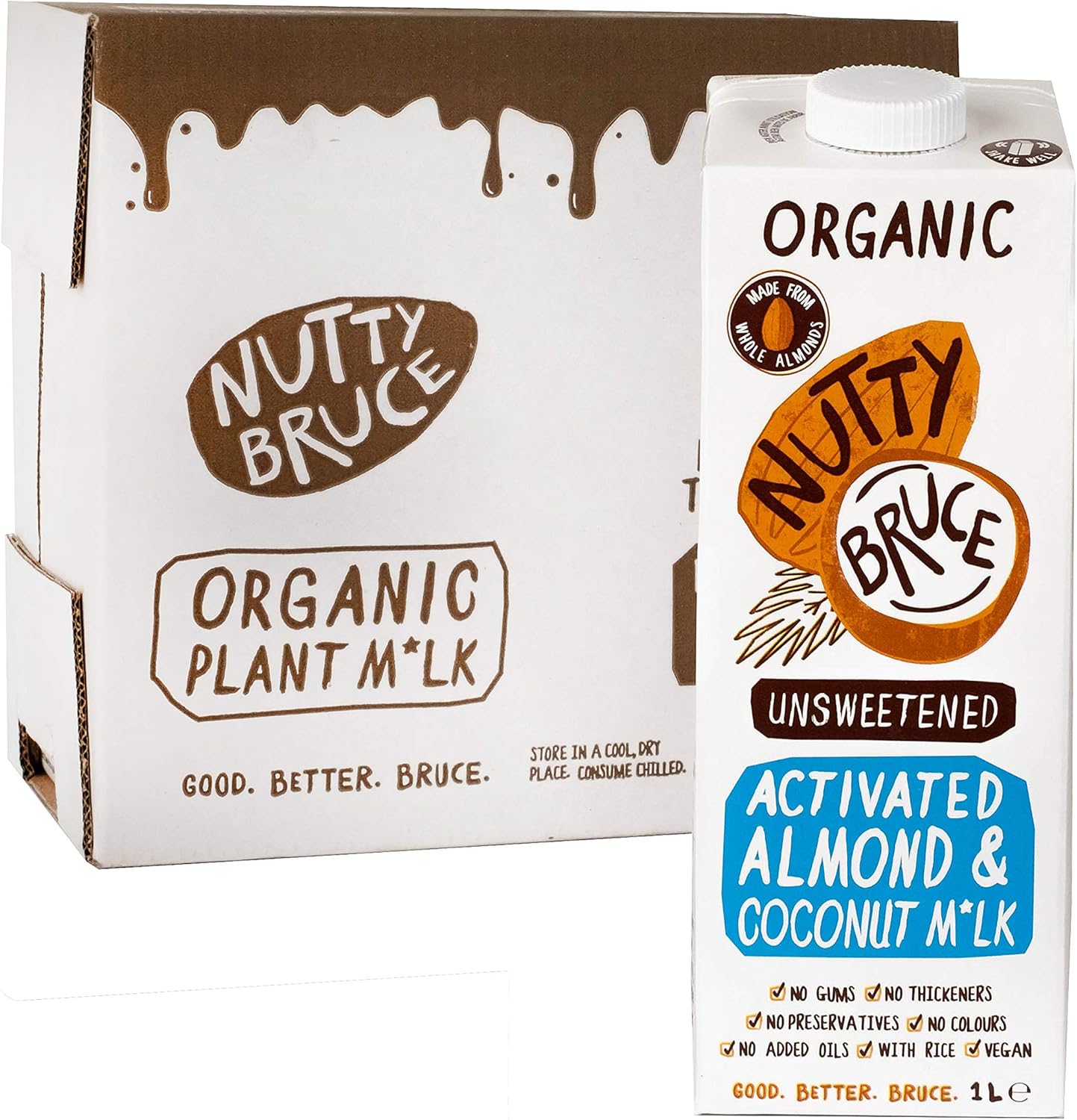 Nutty Bruce - Unsweetened Activated Almond & Coconut Milk - Certified Organic & Vegan Alternative Milk, No Preservatives or Added Oils, Lactose Free, Dairy Free, Soy Free - 6 pack x 1L