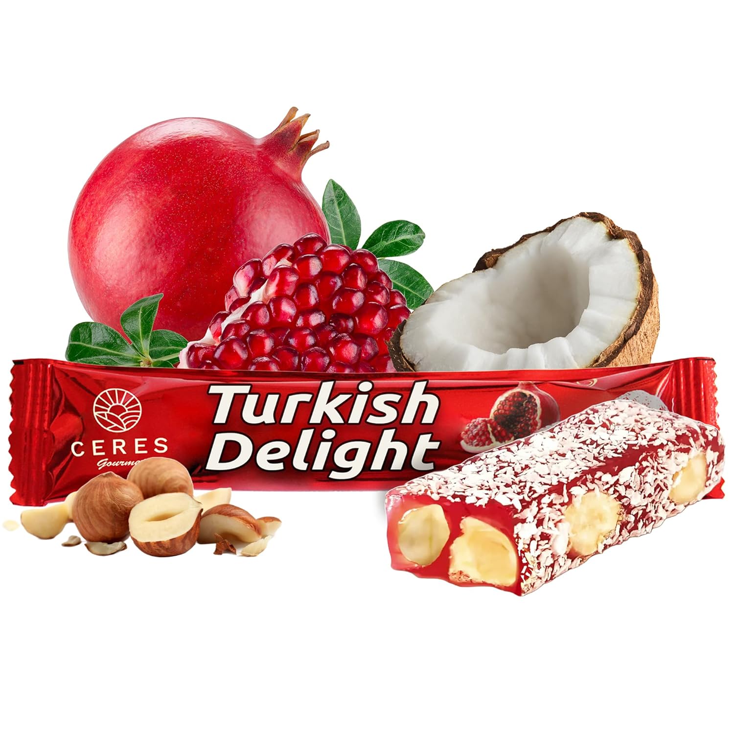 Turkish Delights Pomegranate Candy Bar with Hazelnut and Coconut, Traditional Sweet Vegan Soft Candy Bars, Snacks Size Gourmet Lokum (Loukoumi) 10 Pack