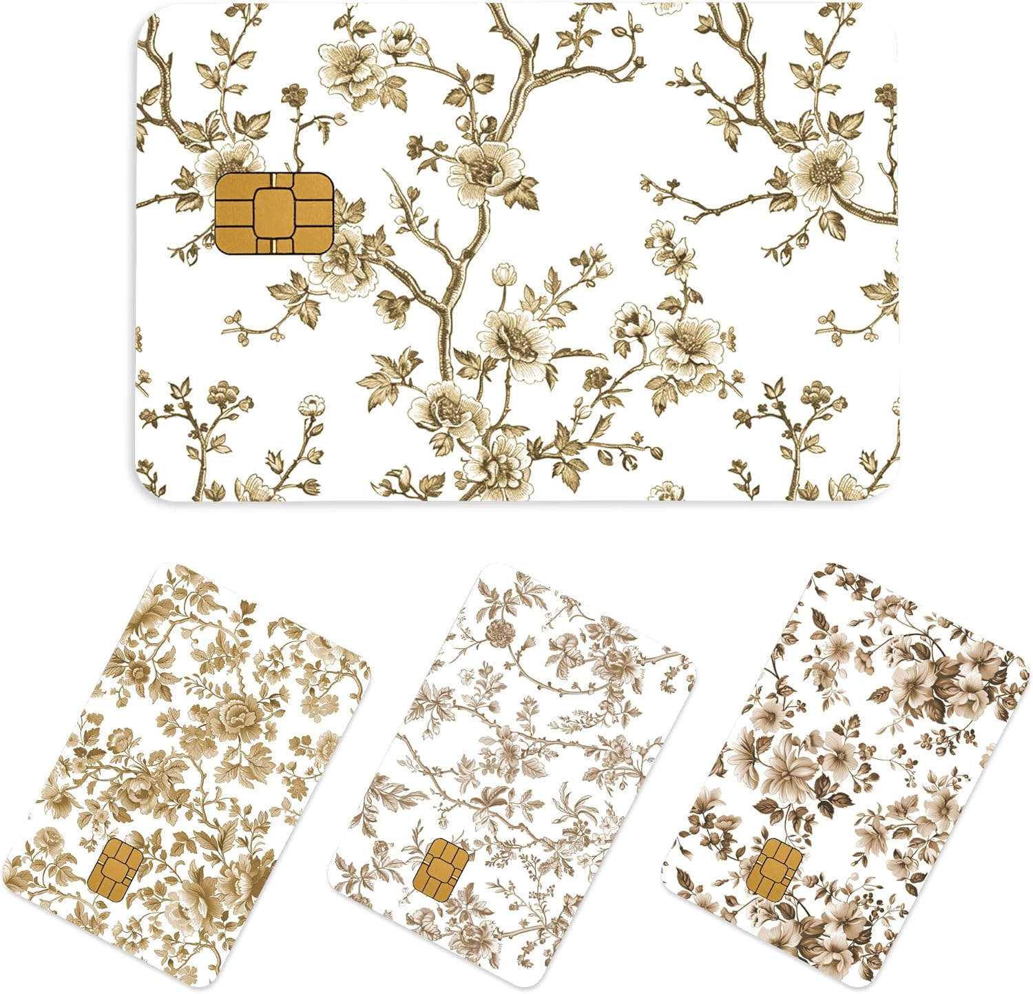 Credit Card Skin Stickers: 4PCS Vintage Brown Floral Credit Debit Card Skins, Removable Waterproof Card Covers for Bank Key Transportation Cards, Classic Line Art Sticker Wraps with Chip Cutout