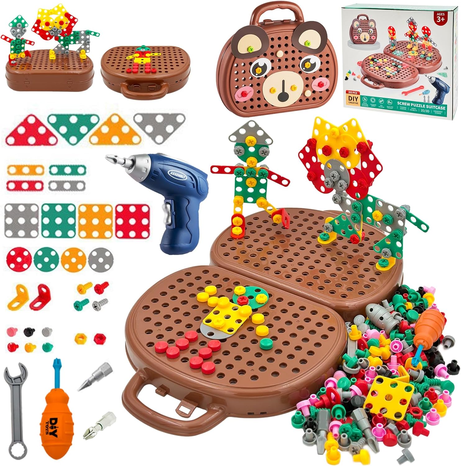 PICKONA 204 PCS 3D Take Apart Toys - Montessori Play Toolbox Montessori Toys for Kids Tool Box Bear with Drill Mosaic Design Construction Building Blocks DIY Set with Storage Box (Brown Bear)