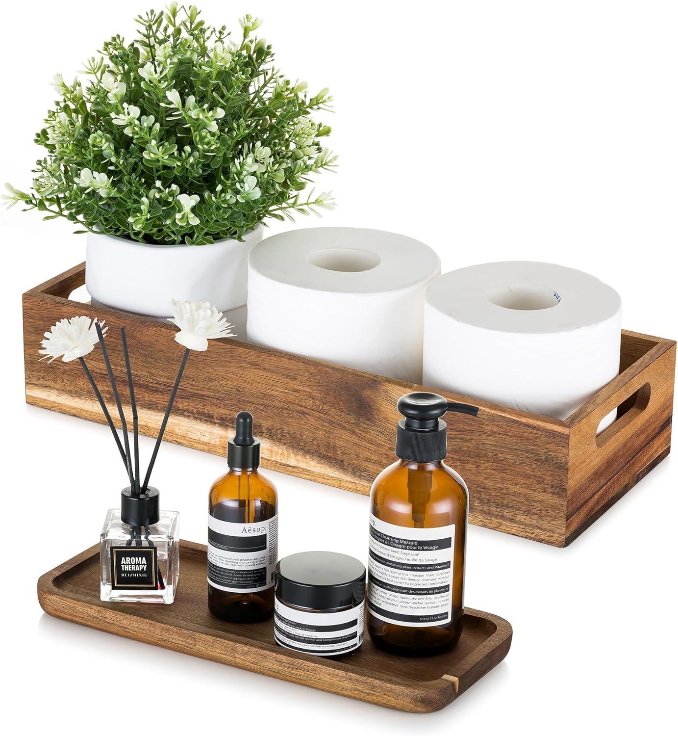 Hanobe Decorative Tray Wooden Bathroom: Set of 2 Wood Bathroom Storage Box with Vanity Display Tray Platter for Kitchen Counter