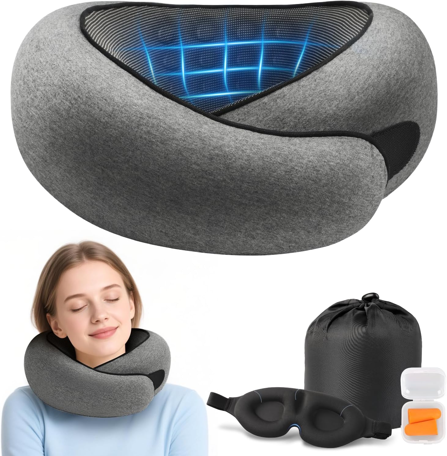 Advanced Memory Foam Neck Travel Pillow, Neck Pillow Airplane with Eye Mask & Ear Plugs, Designed for The Comfort of Travel & Office, The Pillow for Plane, Car, Home, Work, Dark Grey