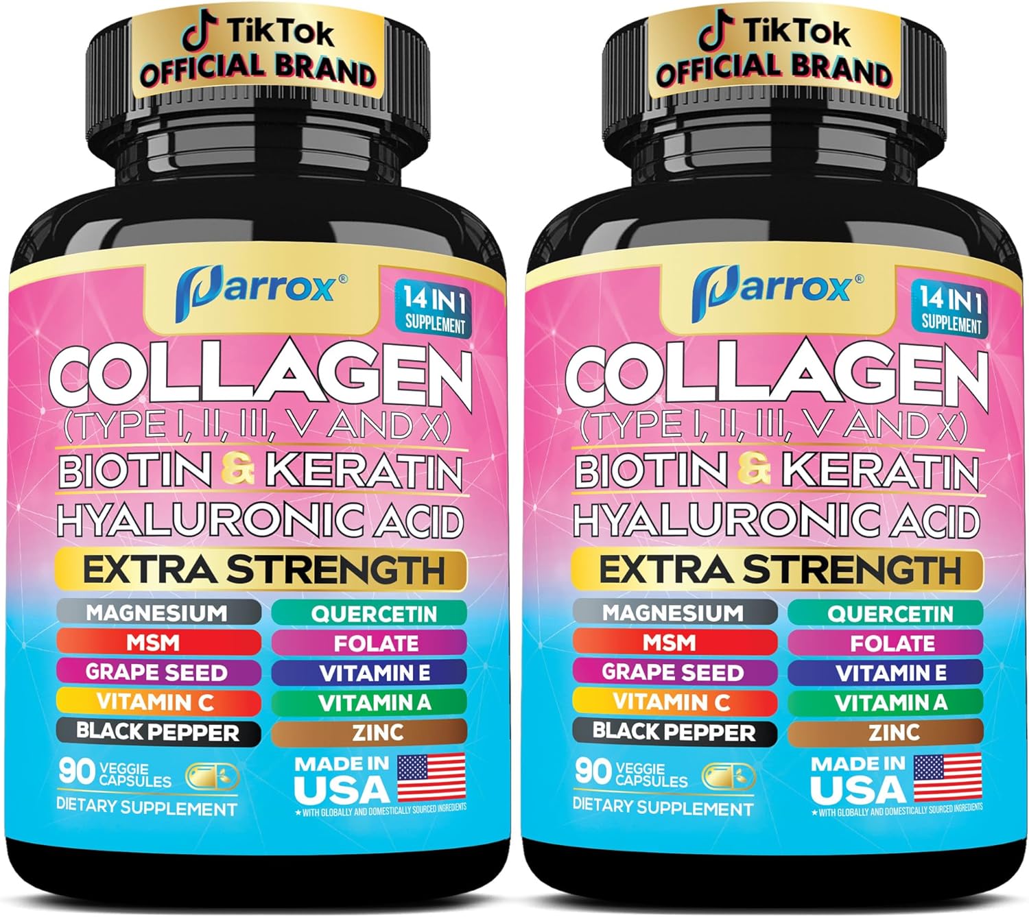 Collagen Peptides Types I, II, III, V & X, MCG Biotin, Keratin, Hyaluronic Acid, MSM, Zinc, Grape Seed Extract, Quercetin, Vitamin A, C & E, Folate, Black Pepper, Magnesium, Folic Acid (2 Pack)